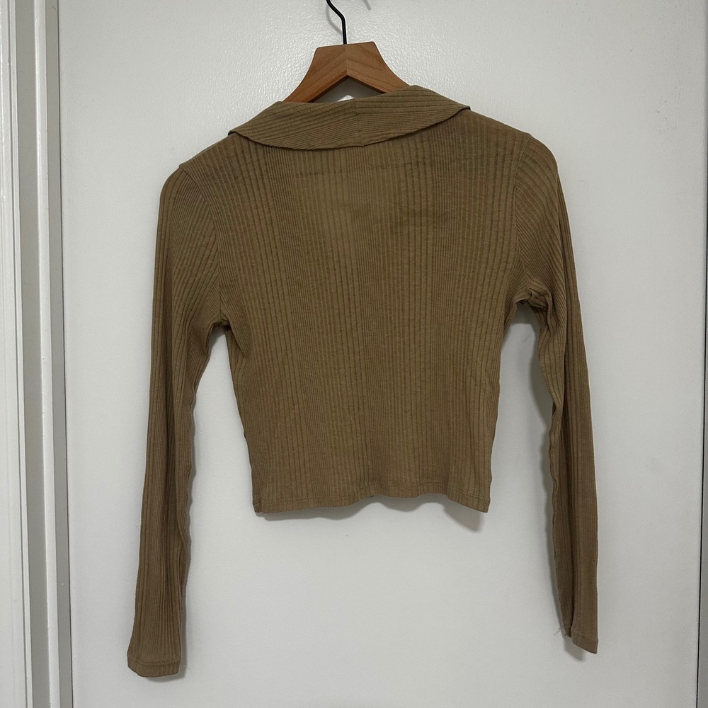Madewell | Women's Tan Brown Long Sleeve Ribbed Knit Button Front Cropped Top, M - Picture 3 of 6
